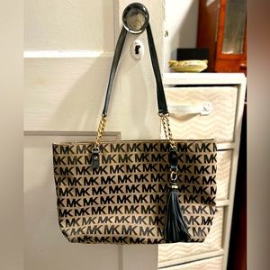 Michael Kors Tan Canvas Black Monogram Shoulder Bag with tassel